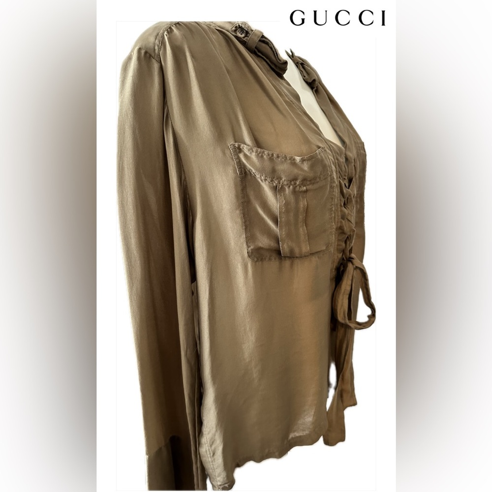 Gucci 100% Silk V-Neck Blouse with Extra Wide Sleeves